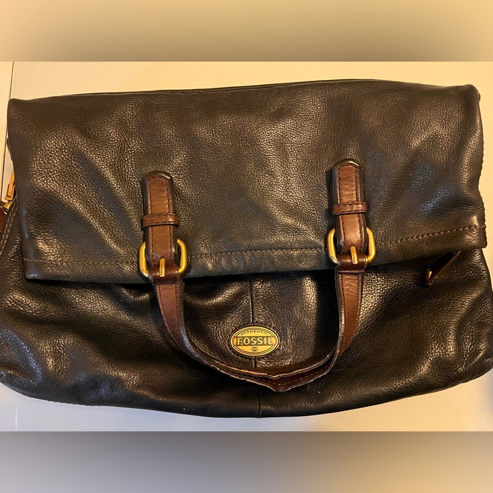 Fossil Black and Brown Leather Messenger Bag